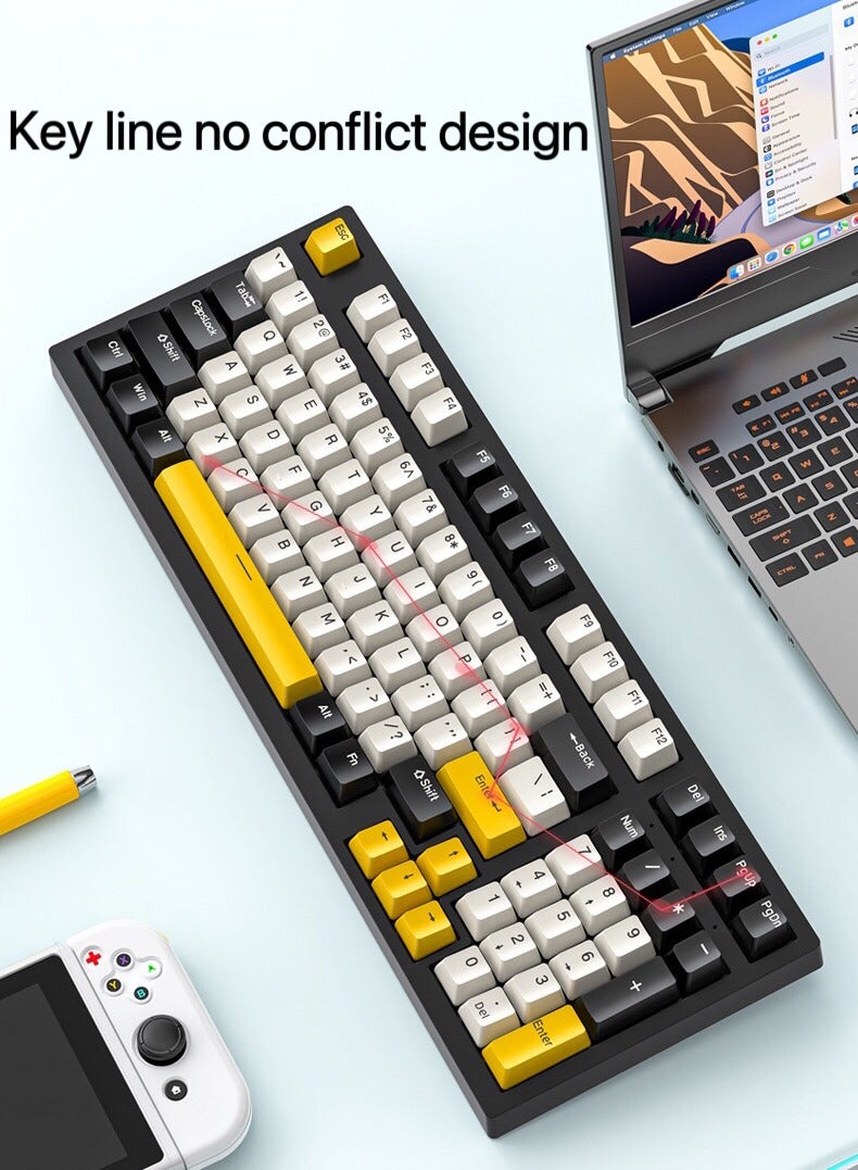 K98 RGB main backlight 98key hot swappable mechanical gaming keyboard 96% in white, yellow and black