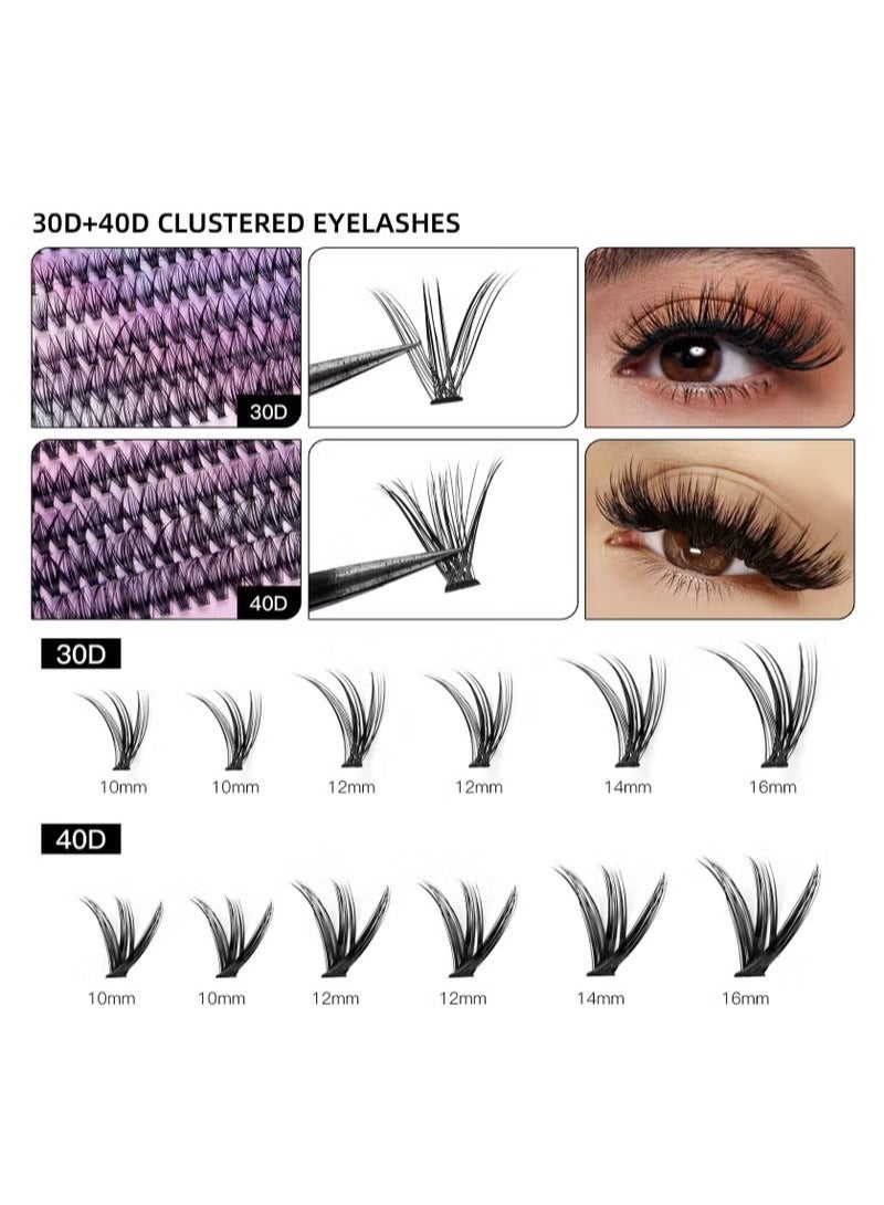 False Eyelashes Set, 30D+40D Eyelash Clusters Eyelash Extensions, DIY Eyelash Individual Self Adhesive Fake Lashes, Natural Look 3D Effect Black Individual Lashes Fake Eyelashes with Eyelash Glue