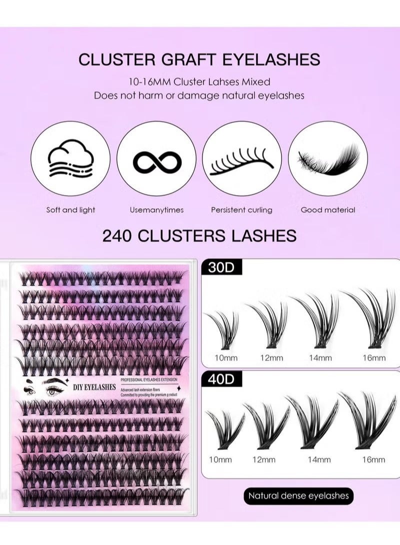 False Eyelashes Set, 30D+40D Eyelash Clusters Eyelash Extensions, DIY Eyelash Individual Self Adhesive Fake Lashes, Natural Look 3D Effect Black Individual Lashes Fake Eyelashes with Eyelash Glue