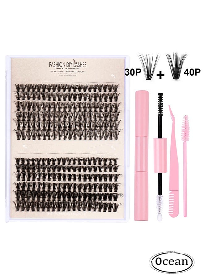 False Eyelashes Set, 30D+40D Eyelash Clusters Eyelash Extensions, DIY Eyelash Individual Lashes Cluster Lashes Natural Look Effect Black Individual False Eyelashes with Eyelash Glue