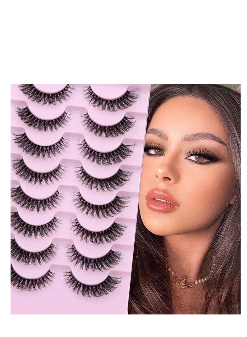 Natural False Eyelashes Mink Lashes Wispy Cat Eye Lashes Reusable Self-Adhesive Eyelashes Fluffy Pack 3D Strip Short Volume Fake Eyelashes 10 Pack