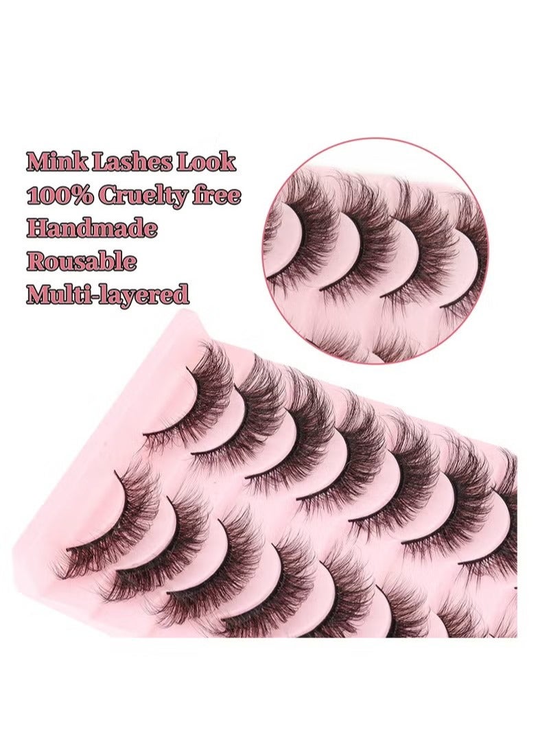 Natural False Eyelashes Mink Lashes Wispy Cat Eye Lashes Reusable Self-Adhesive Eyelashes Fluffy Pack 3D Strip Short Volume Fake Eyelashes 10 Pack