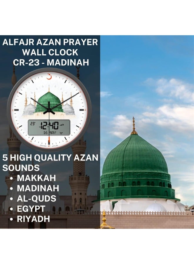 ALFAJR Large Round Wall Ana-Digi Automatic Azan Athan Prayer Clock Qibla Muslim CR-23 (Madinah) Gray/white