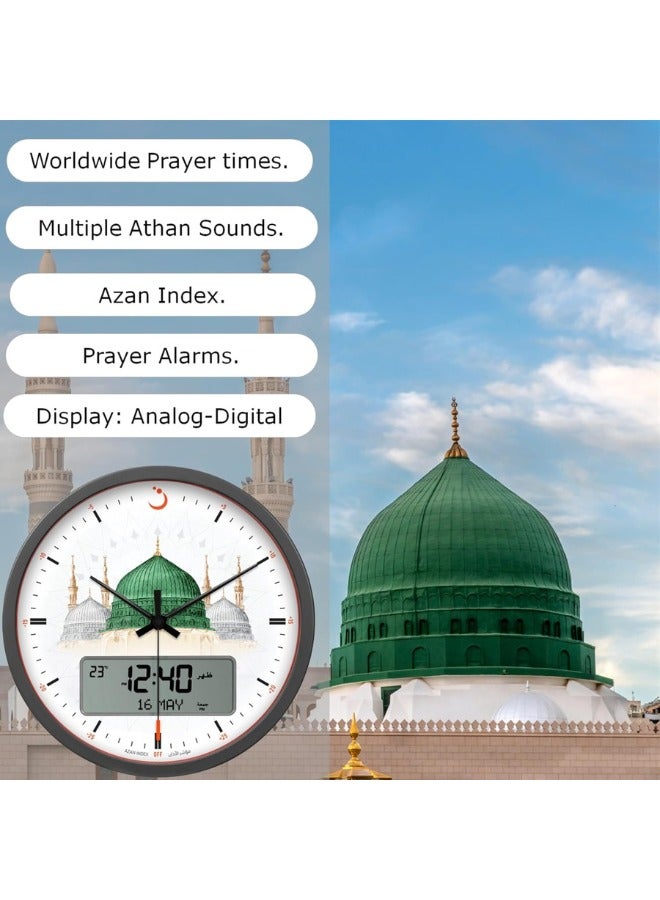 ALFAJR Large Round Wall Ana-Digi Automatic Azan Athan Prayer Clock Qibla Muslim CR-23 (Madinah) Gray/white