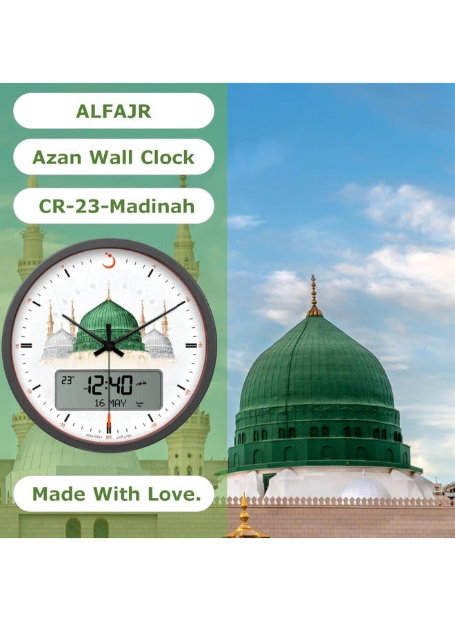 ALFAJR Large Round Wall Ana-Digi Automatic Azan Athan Prayer Clock Qibla Muslim CR-23 (Madinah) Gray/white