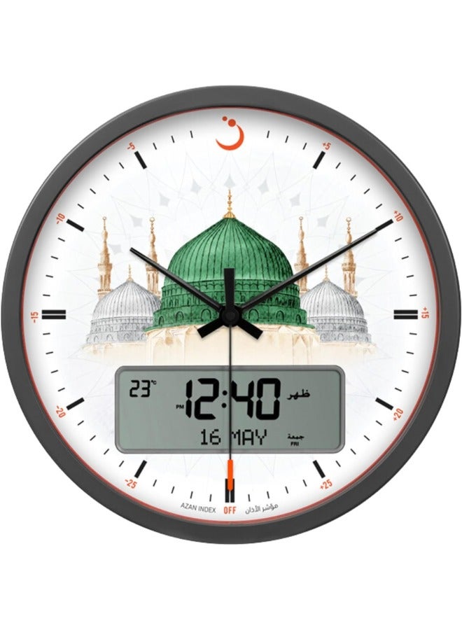 ALFAJR Large Round Wall Ana-Digi Automatic Azan Athan Prayer Clock Qibla Muslim CR-23 (Madinah) Gray/white