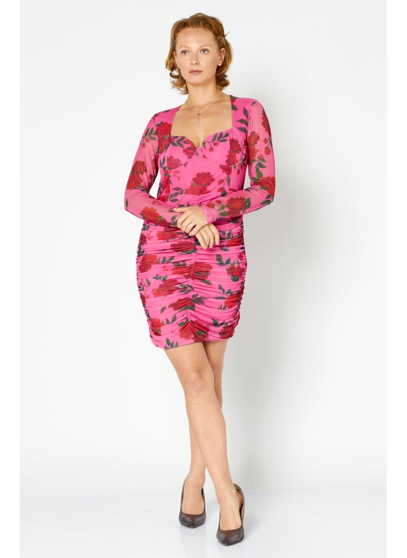 Women Floral Pattern Corset Detail Long Sleeve Mini Dress, Pink Combo