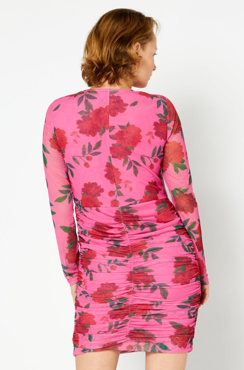 Women Floral Pattern Corset Detail Long Sleeve Mini Dress, Pink Combo