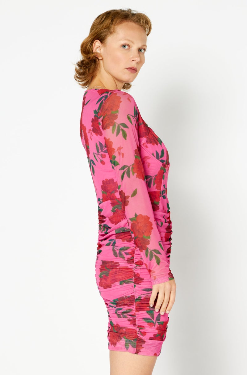 Women Floral Pattern Corset Detail Long Sleeve Mini Dress, Pink Combo