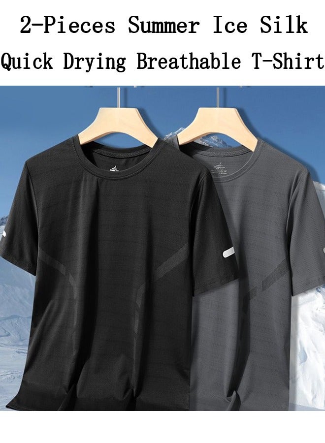 2-Pieces Summer Ice Silk Quick Drying Breathable T-Shirt,Trendy Sports Casual Loose Short Sleeve