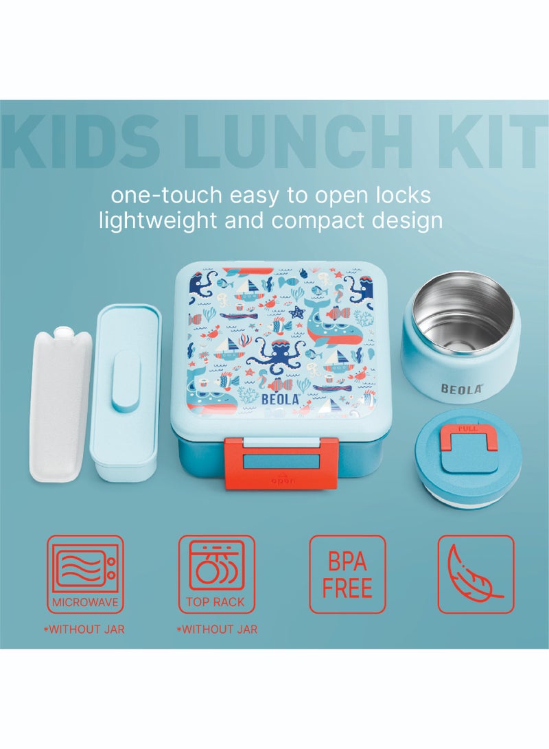 BEOLA Lunch Box for Kids with Food Jar Inside, Multi Compartment Bento Lunch Box with 240ml Food Thermos and Ice Pack, Tiffin Box for Kids with Insulated Steel Jar, Lightweight BPA free (Sea Vibes)