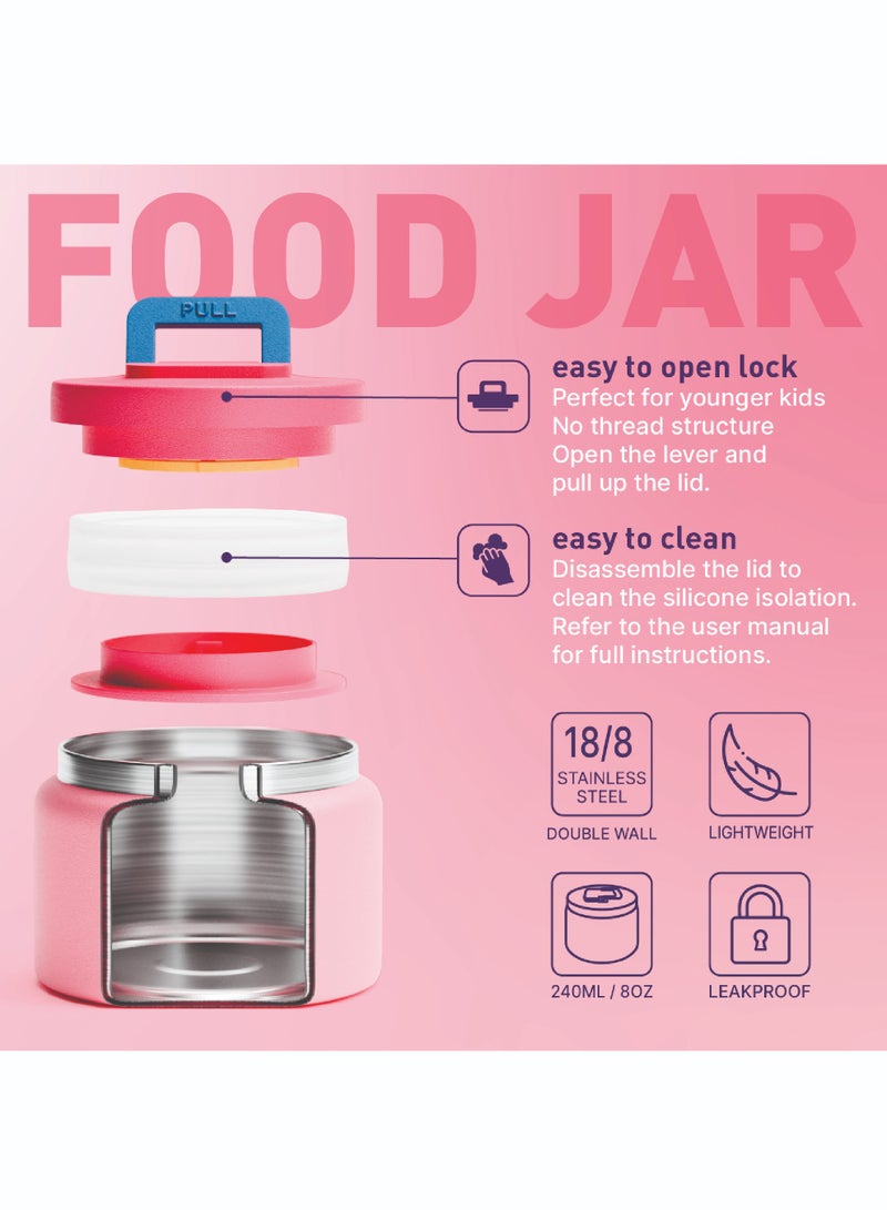 BEOLA 240ml Replaceable Nesting Food Jar for Lunch Box, Thermos Stainless Steel Double Wall Insulated Travel Food Flask for Kids, 8oz (Pink)