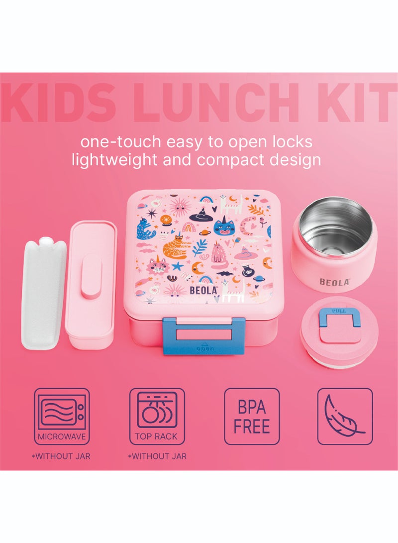 BEOLA Lunch Box for Kids with Food Jar Inside, Multi Compartment Bento Lunch Box with 240ml Food Thermos and Ice Pack, Tiffin Box for Kids with Insulated Steel Jar, Lightweight BPA free (Unicat Magic)