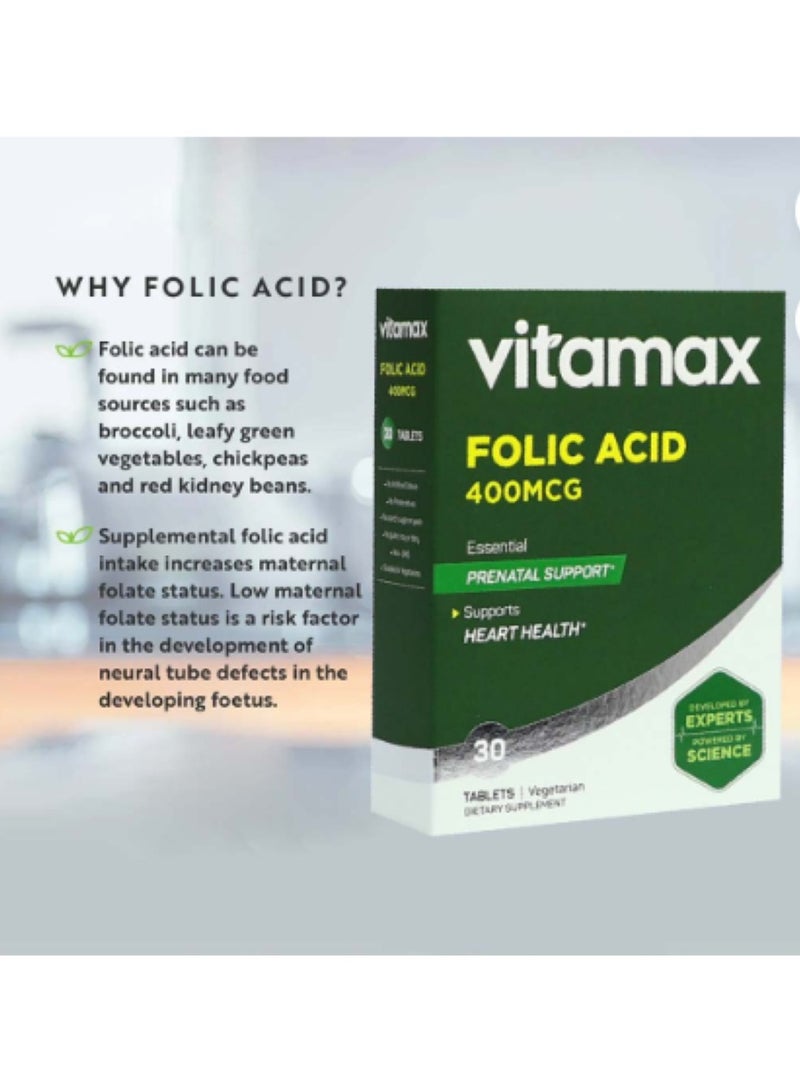 Folic Acid 400 mcg Tablets For Prenatal Support & Healthy Heart Function Pack of 30's