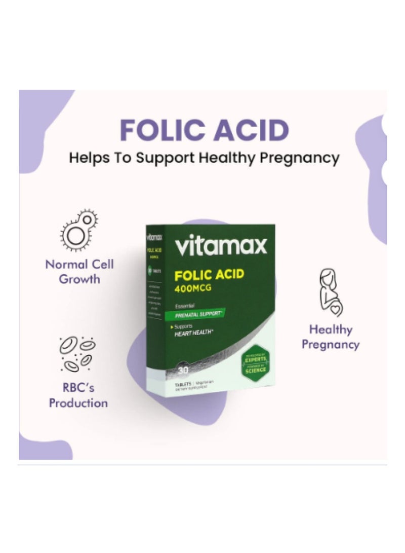 Folic Acid 400 mcg Tablets For Prenatal Support & Healthy Heart Function Pack of 30's