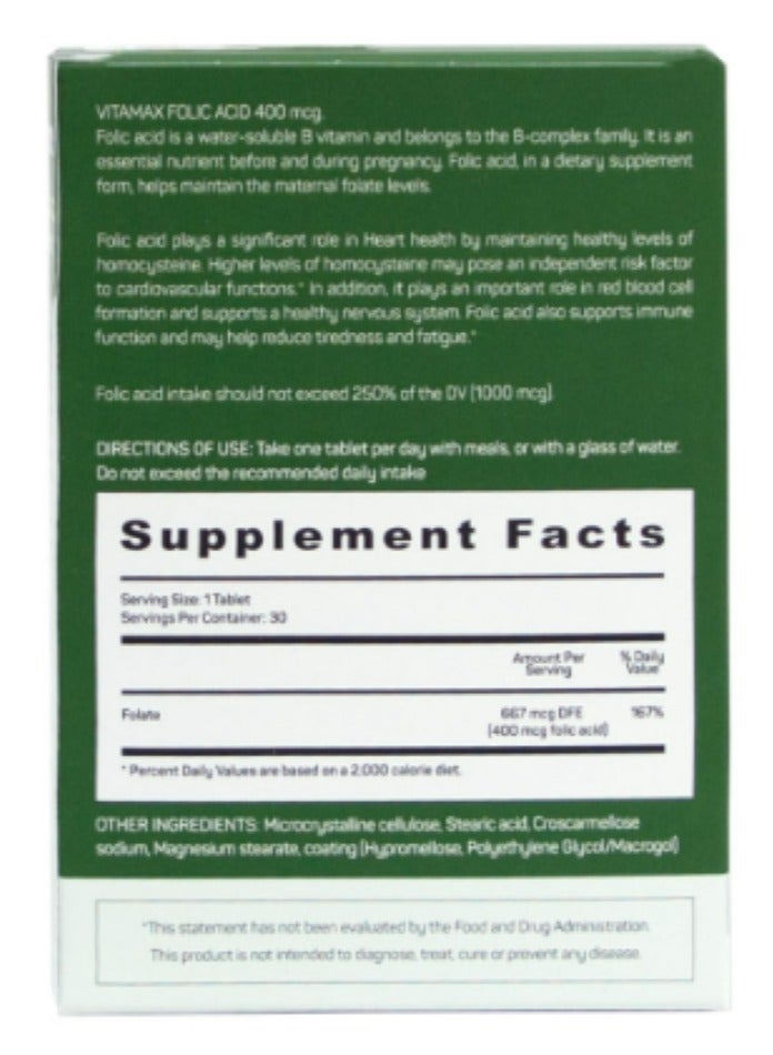 Folic Acid 400 mcg Tablets For Prenatal Support & Healthy Heart Function Pack of 30's