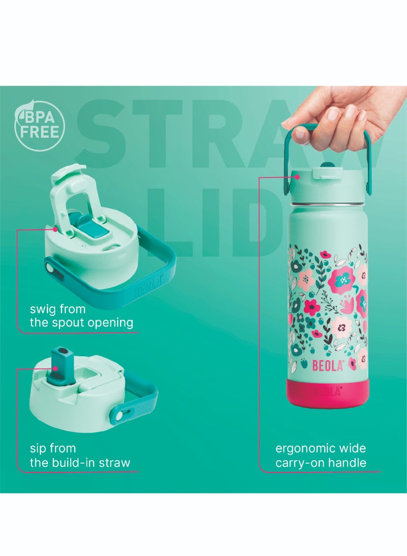 550ml Kids Water Bottle 18/8 Stainless Steel Double Wall Insulated Thermos Bottle with Straw Lid and Wide Mouth, Hot Cold Liquids Sports School Bottle (19oz, Ever Blooming)