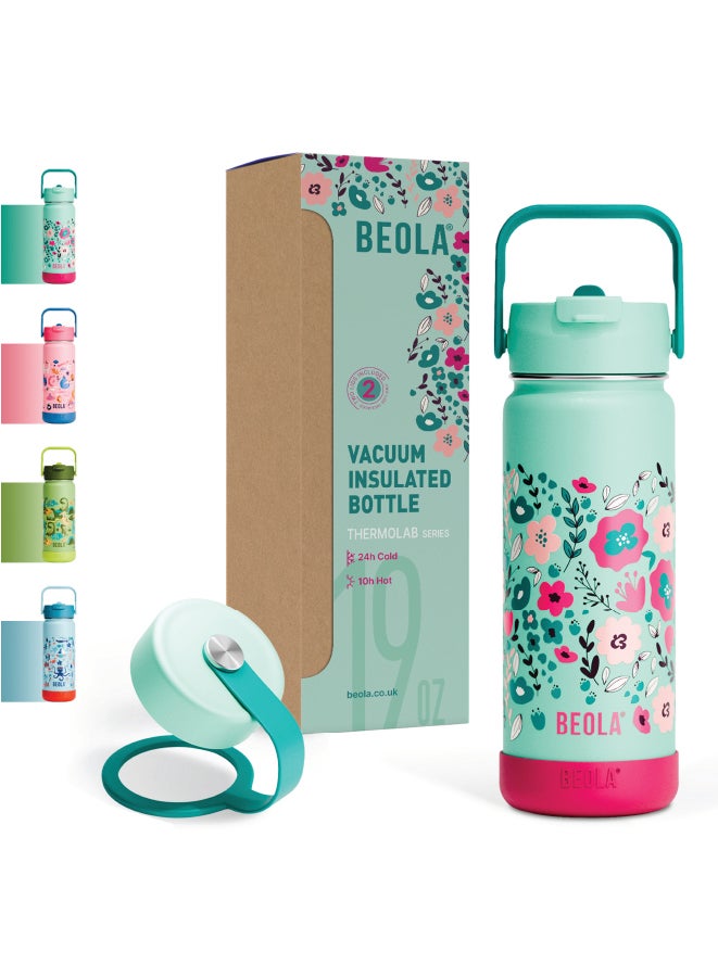 550ml Kids Water Bottle 18/8 Stainless Steel Double Wall Insulated Thermos Bottle with Straw Lid and Wide Mouth, Hot Cold Liquids Sports School Bottle (19oz, Ever Blooming)