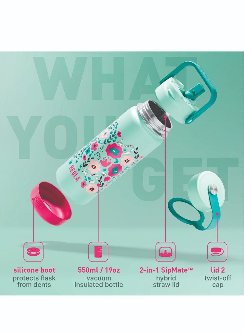550ml Kids Water Bottle 18/8 Stainless Steel Double Wall Insulated Thermos Bottle with Straw Lid and Wide Mouth, Hot Cold Liquids Sports School Bottle (19oz, Ever Blooming)