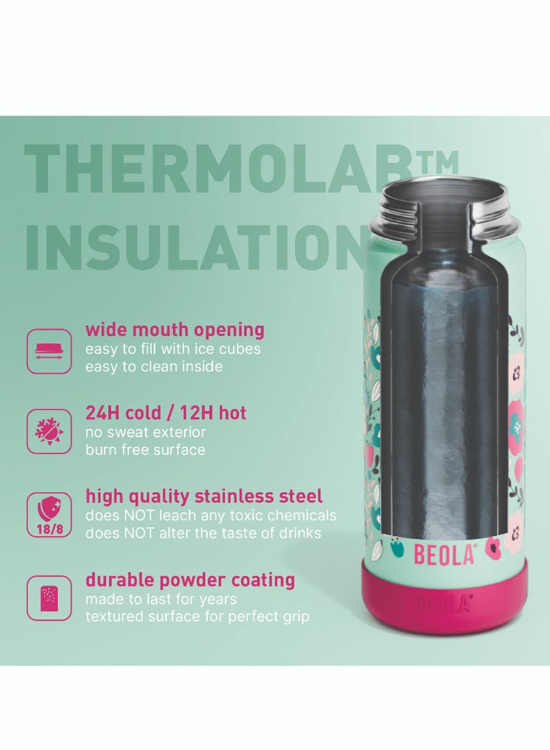 550ml Kids Water Bottle 18/8 Stainless Steel Double Wall Insulated Thermos Bottle with Straw Lid and Wide Mouth, Hot Cold Liquids Sports School Bottle (19oz, Ever Blooming)