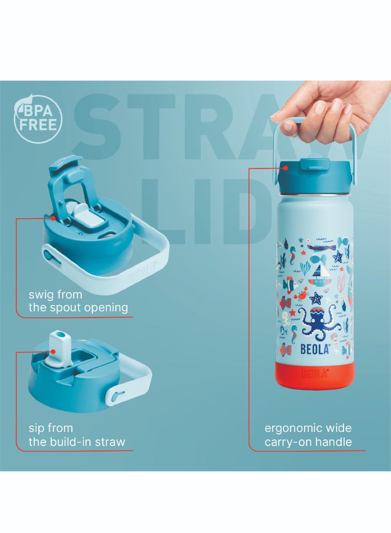550ml Kids Water Bottle 18/8 Stainless Steel Double Wall Insulated Thermos Bottle with Straw Lid and Wide Mouth, Hot Cold Liquids Sports School Bottle (19oz, Sea Vibes)