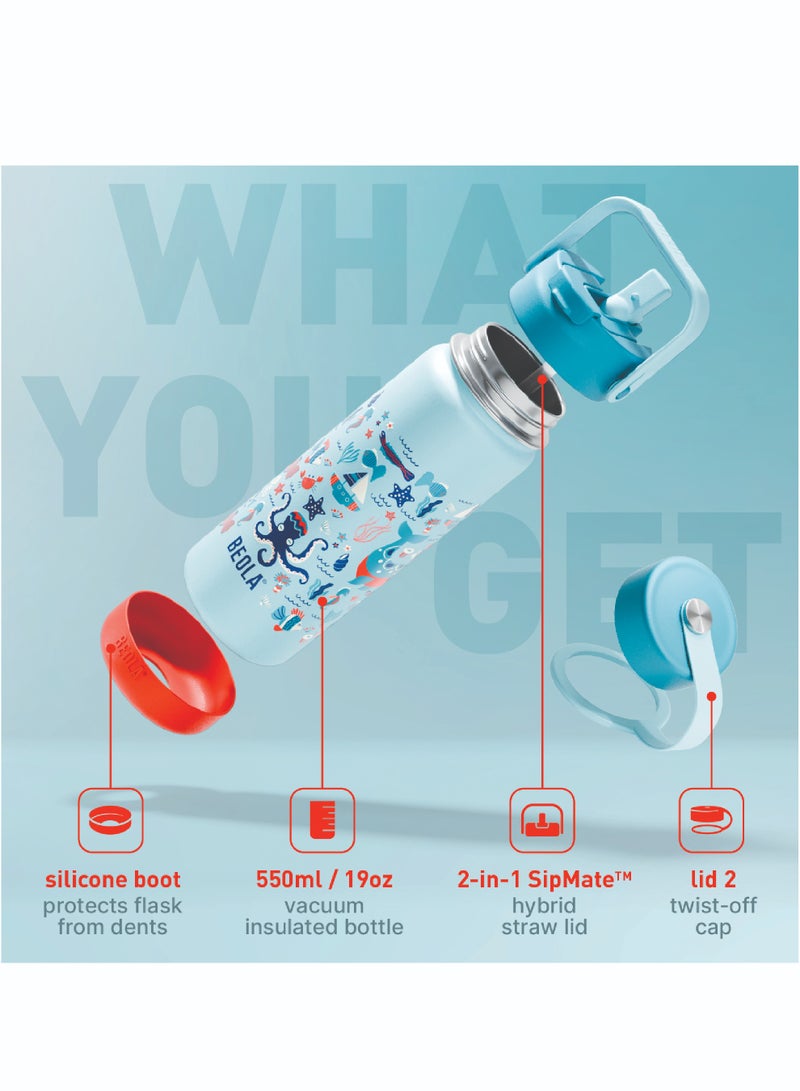550ml Kids Water Bottle 18/8 Stainless Steel Double Wall Insulated Thermos Bottle with Straw Lid and Wide Mouth, Hot Cold Liquids Sports School Bottle (19oz, Sea Vibes)