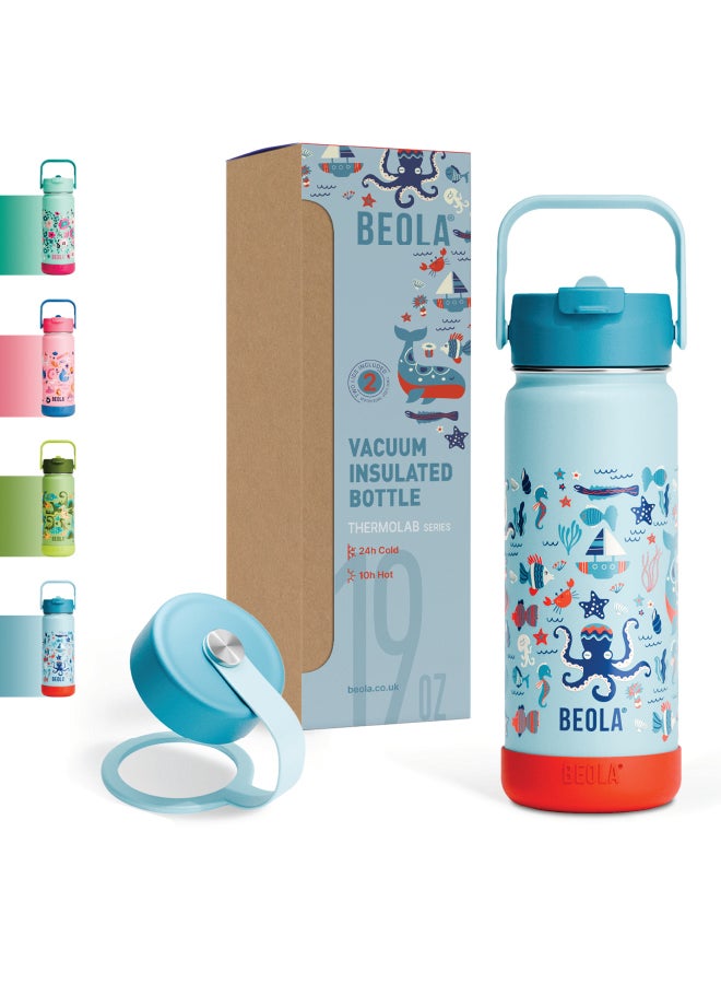 550ml Kids Water Bottle 18/8 Stainless Steel Double Wall Insulated Thermos Bottle with Straw Lid and Wide Mouth, Hot Cold Liquids Sports School Bottle (19oz, Sea Vibes)