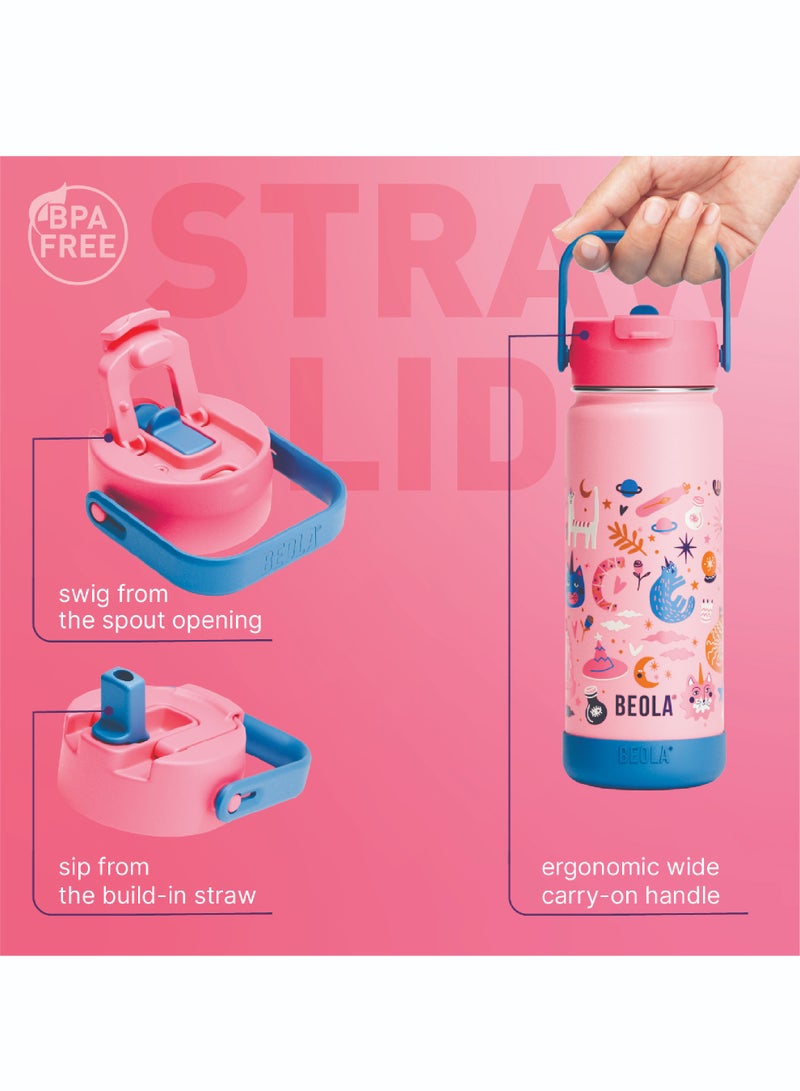 550ml Kids Water Bottle 18/8 Stainless Steel Double Wall Insulated Thermos Bottle with Straw Lid and Wide Mouth, Hot Cold Liquids Sports School Bottle (19oz, Unicat Magic)