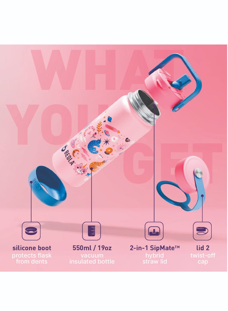 550ml Kids Water Bottle 18/8 Stainless Steel Double Wall Insulated Thermos Bottle with Straw Lid and Wide Mouth, Hot Cold Liquids Sports School Bottle (19oz, Unicat Magic)