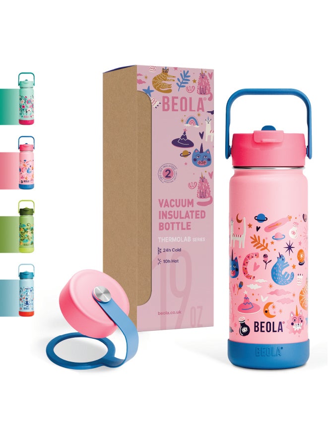 550ml Kids Water Bottle 18/8 Stainless Steel Double Wall Insulated Thermos Bottle with Straw Lid and Wide Mouth, Hot Cold Liquids Sports School Bottle (19oz, Unicat Magic)
