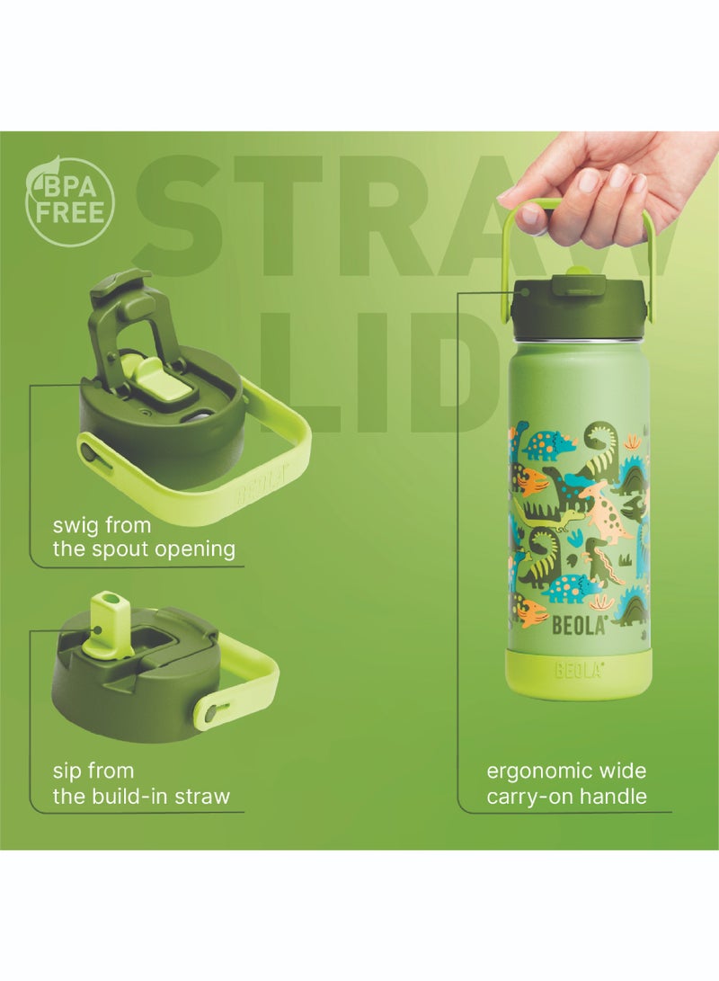 550ml Kids Water Bottle 18/8 Stainless Steel Double Wall Insulated Thermos Bottle with Straw Lid and Wide Mouth, Hot Cold Liquids Sports School Bottle (19oz,Dino Dreams)