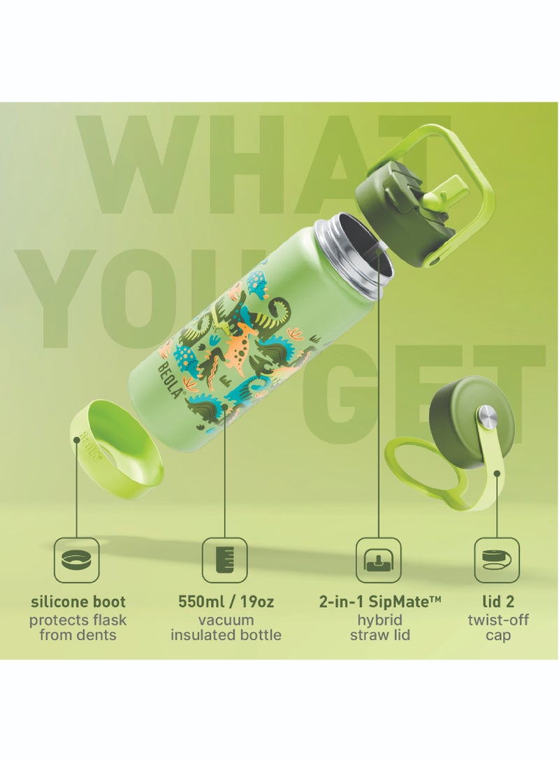 550ml Kids Water Bottle 18/8 Stainless Steel Double Wall Insulated Thermos Bottle with Straw Lid and Wide Mouth, Hot Cold Liquids Sports School Bottle (19oz,Dino Dreams)