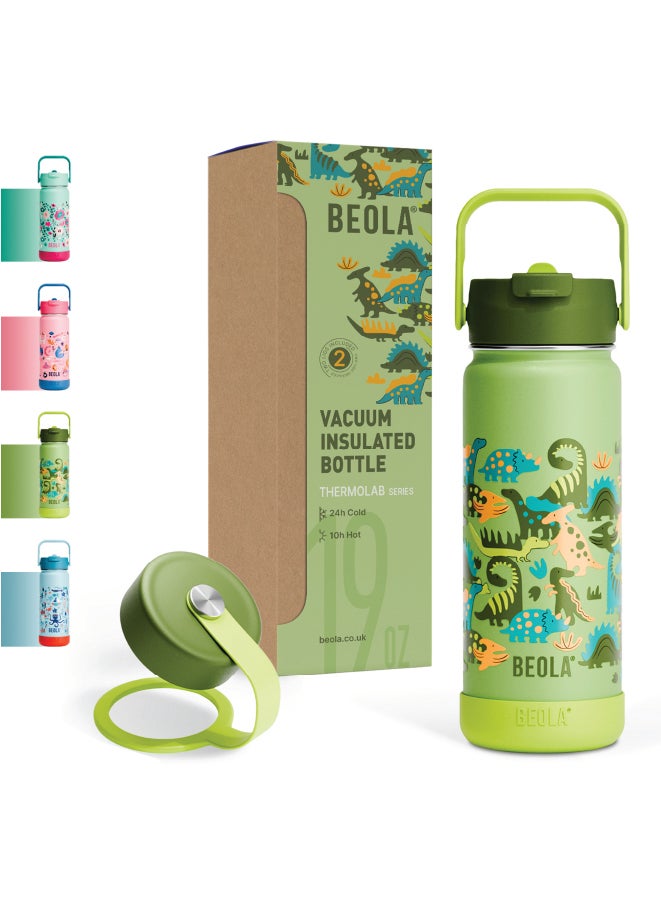 550ml Kids Water Bottle 18/8 Stainless Steel Double Wall Insulated Thermos Bottle with Straw Lid and Wide Mouth, Hot Cold Liquids Sports School Bottle (19oz,Dino Dreams)