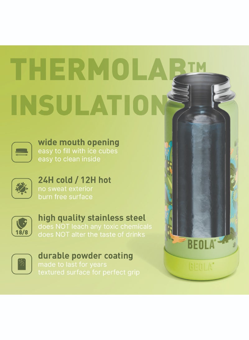 550ml Kids Water Bottle 18/8 Stainless Steel Double Wall Insulated Thermos Bottle with Straw Lid and Wide Mouth, Hot Cold Liquids Sports School Bottle (19oz,Dino Dreams)
