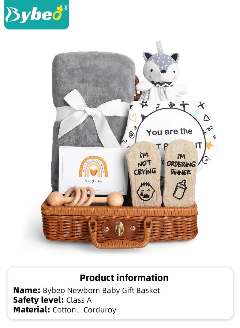 7 PCS Baby Gift Set, Newborn Baby Shower Gift for Boys Girls, Baby Gift Basket with Essential Stuff, Includes Blanket, Wooden Rattle Toy, Baby Bib and Socks, Greeting Card, Newborn Baby Gift Set