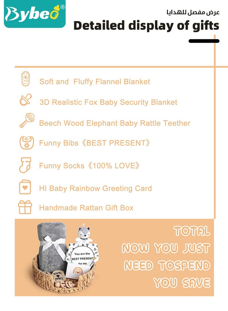 7 PCS Baby Gift Set, Newborn Baby Shower Gift for Boys Girls, Baby Gift Basket with Essential Stuff, Includes Blanket, Wooden Rattle Toy, Baby Bib and Socks, Greeting Card, Newborn Baby Gift Set