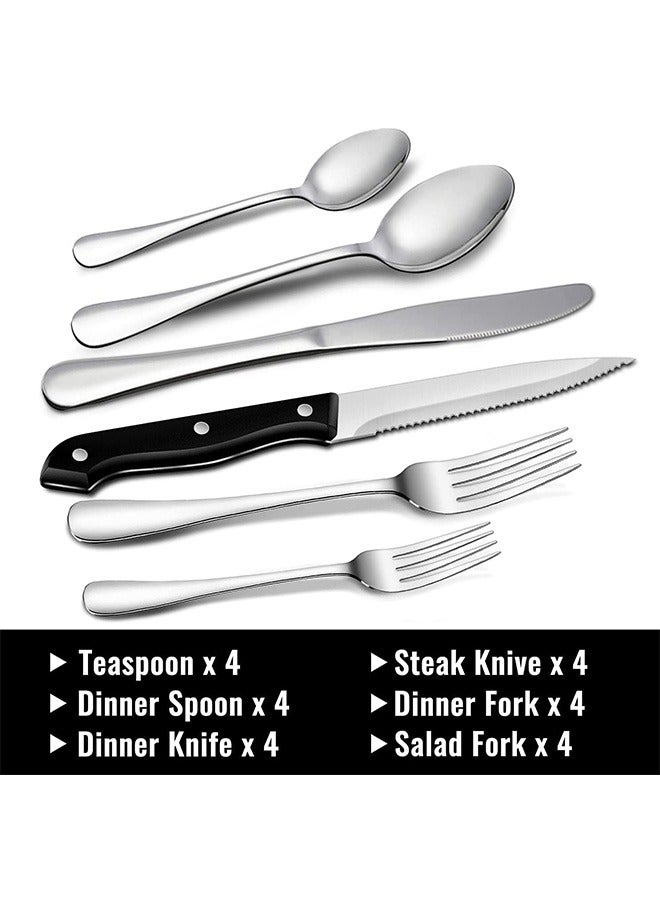 24-Piece Silverware Set for 4, Stainless Steel Flatware Cutlery Set, Kitchen Utensils Set, Tableware Set For Home Kitchen Restaurant Hotel, Includes Knives Forks Spoons, Dishwasher Safe