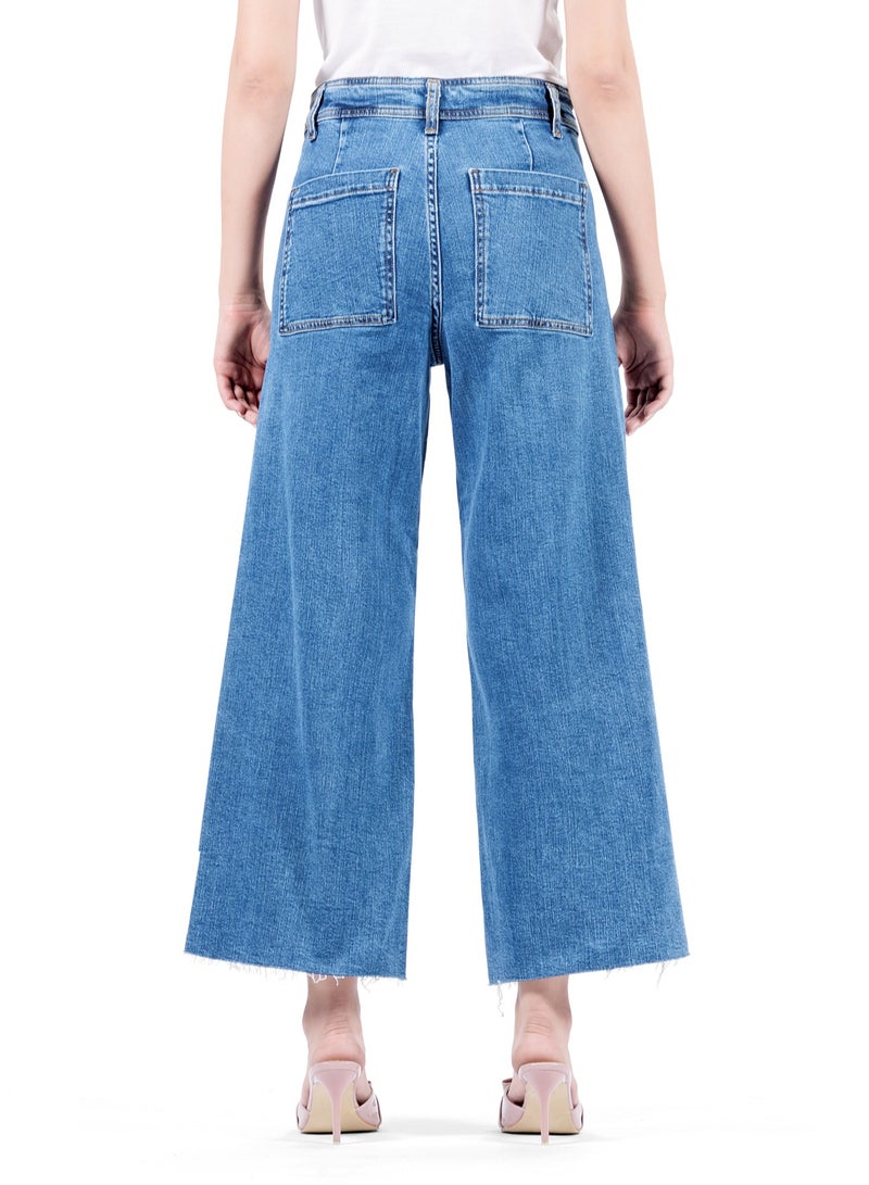 Web Denim Women's High Waist Cut Hem Wide Leg Jeans - Stylish Comfort Denim Pants