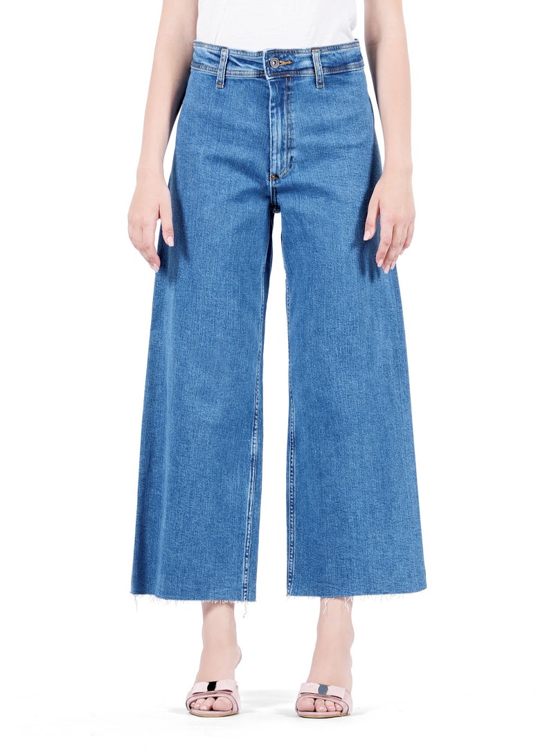 Web Denim Women's High Waist Cut Hem Wide Leg Jeans - Stylish Comfort Denim Pants