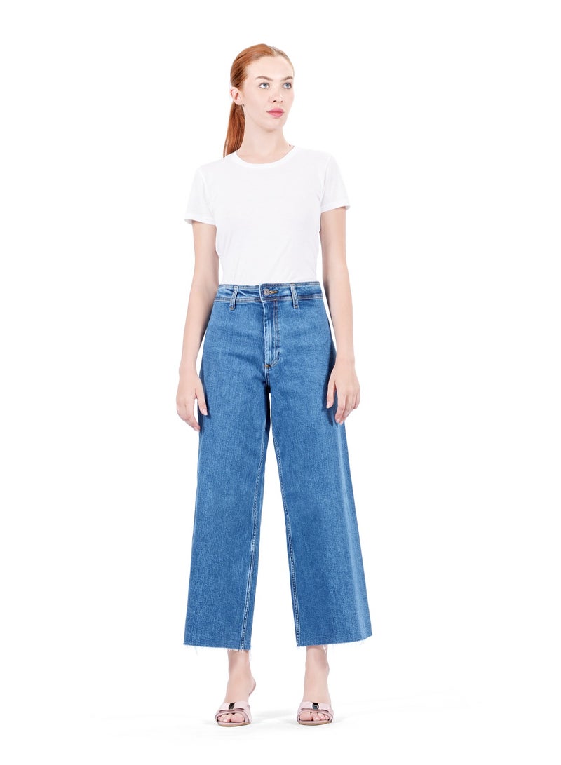 Web Denim Women's High Waist Cut Hem Wide Leg Jeans - Stylish Comfort Denim Pants