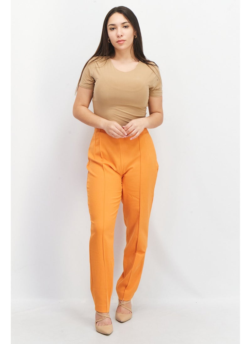 Women Regular Fit Wide Leg Plain Trouser Pants, Orange