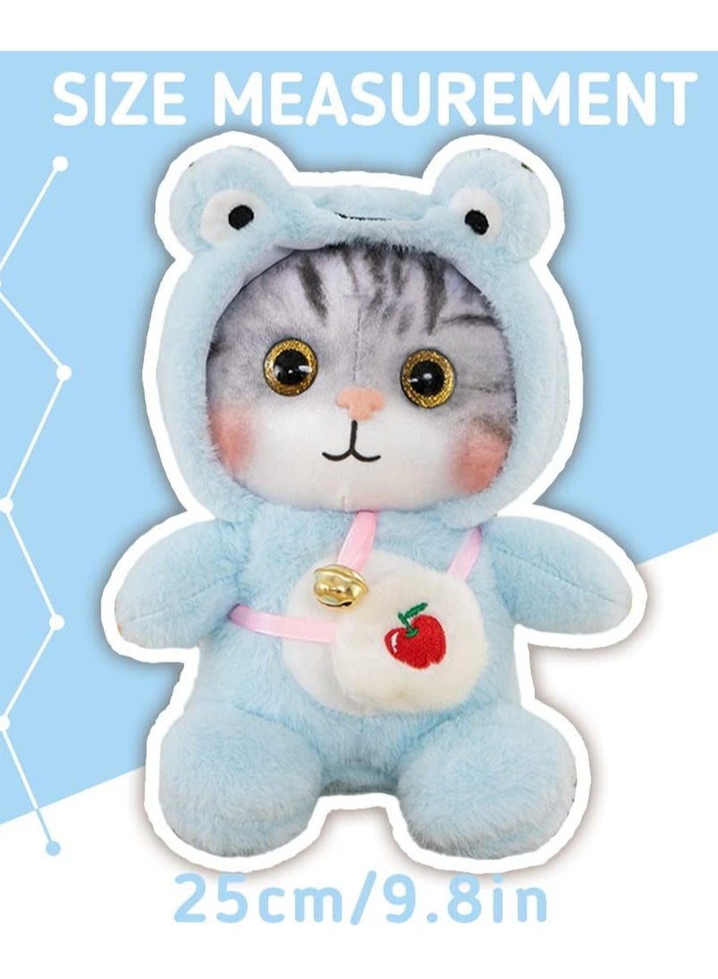 Cat Frog Plush Stuffed Animal Cat Plushies with Frog Outfit, Gifts for Kids Blue（9.8 inches）