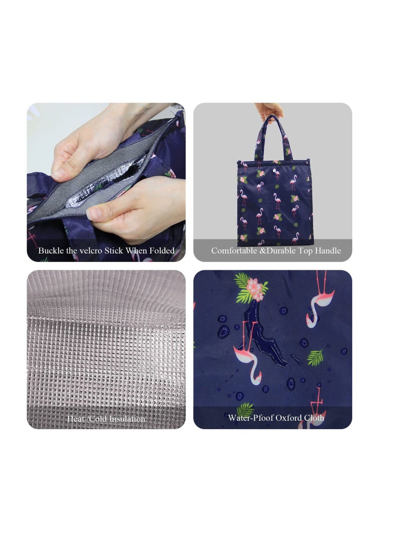 Insulated Lunch Bag, Lunch Tote Bag, Portable Foldable Lunch Box Bag, Reusable Lunch Bag for Work, School, Picnic (Navy Blue Flamingo)