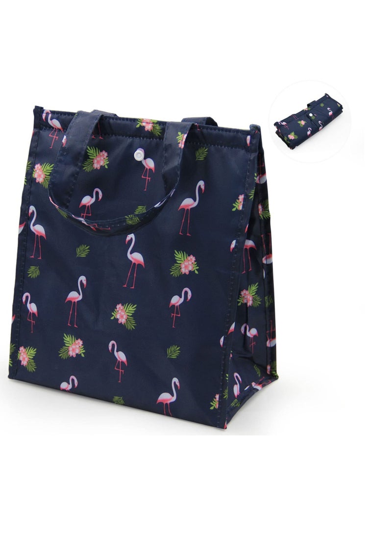 Insulated Lunch Bag, Lunch Tote Bag, Portable Foldable Lunch Box Bag, Reusable Lunch Bag for Work, School, Picnic (Navy Blue Flamingo)