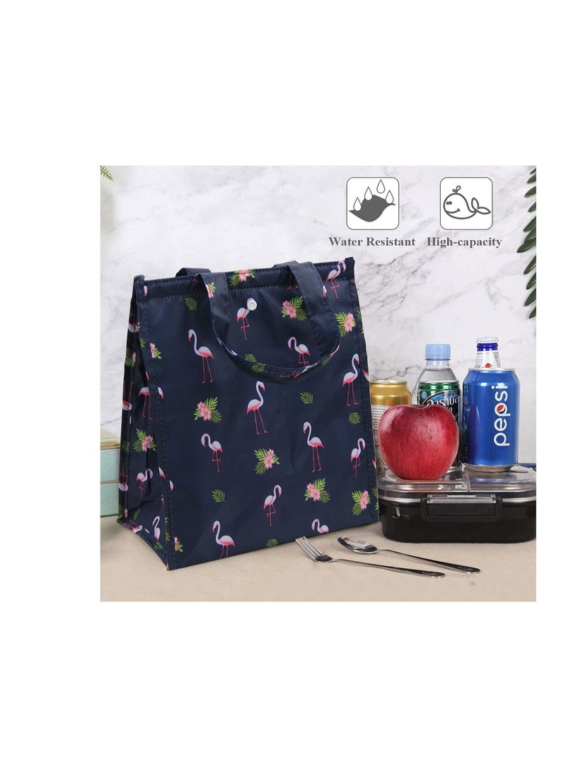 Insulated Lunch Bag, Lunch Tote Bag, Portable Foldable Lunch Box Bag, Reusable Lunch Bag for Work, School, Picnic (Navy Blue Flamingo)