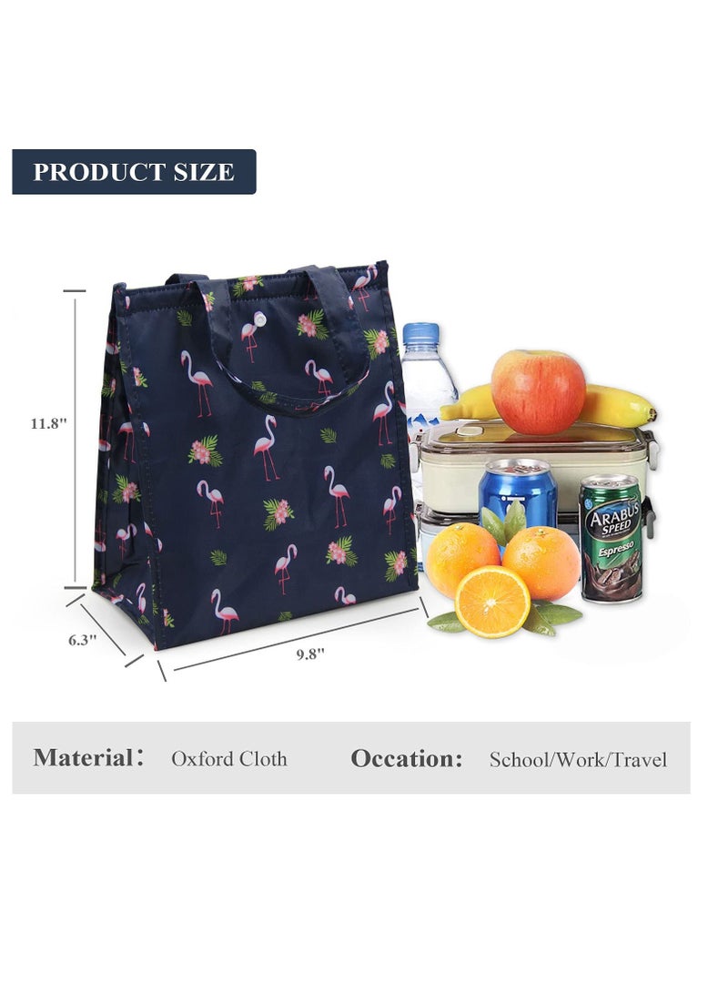 Insulated Lunch Bag, Lunch Tote Bag, Portable Foldable Lunch Box Bag, Reusable Lunch Bag for Work, School, Picnic (Navy Blue Flamingo)