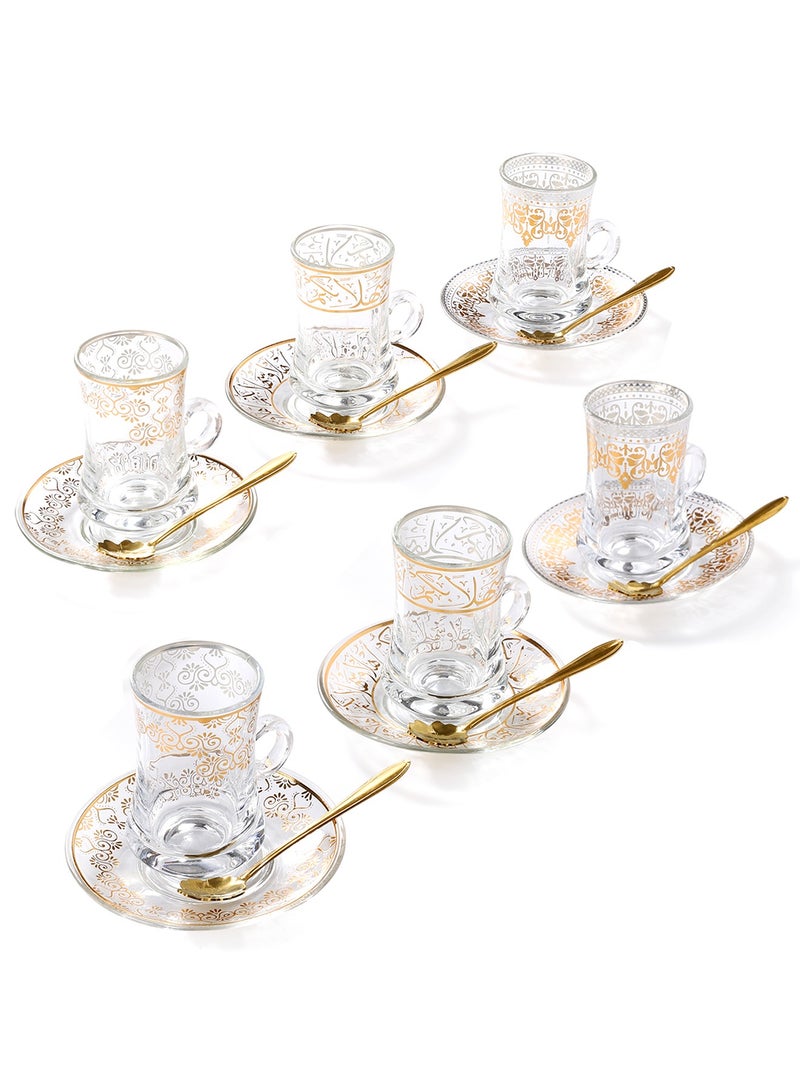 6PCS Turkish Tea Coffee Cup Luxury Glass Set With Saucer And Spoon Clear Golden