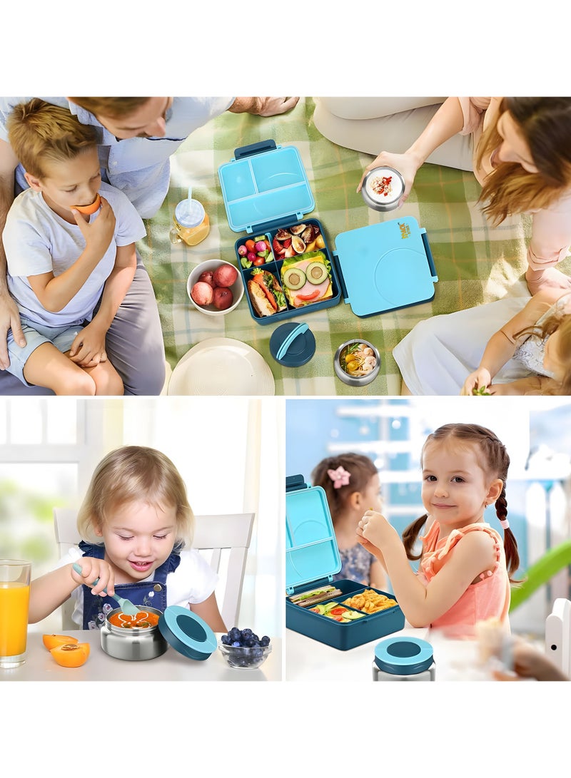 Snack Attack Bento Lunch Box for Kids school with 9.7oz Soup thermos, Leak-proof Lunch Containers with 5 Compartment, thermos Food Jar, Food Containers for School Blue