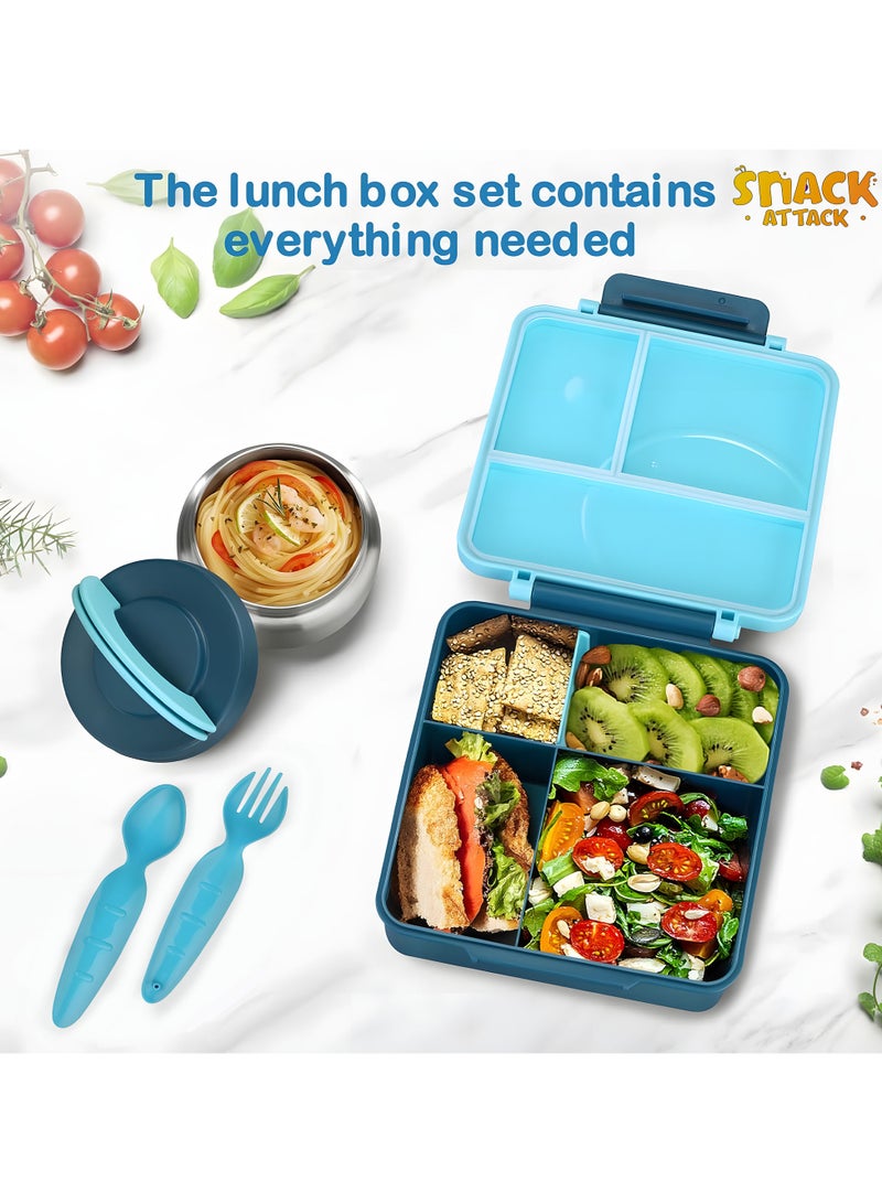 Snack Attack Bento Lunch Box for Kids school with 9.7oz Soup thermos, Leak-proof Lunch Containers with 5 Compartment, thermos Food Jar, Food Containers for School Blue