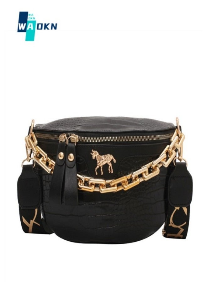 Women's Acrylic Chain Crossbody Bag, Women's PU Leather Shoulder Bag Hand Bags Sling bag, Crocodile Leather Textured Mobile Phone Bag Coin Purse Carrying Bag Side Bag (Black)